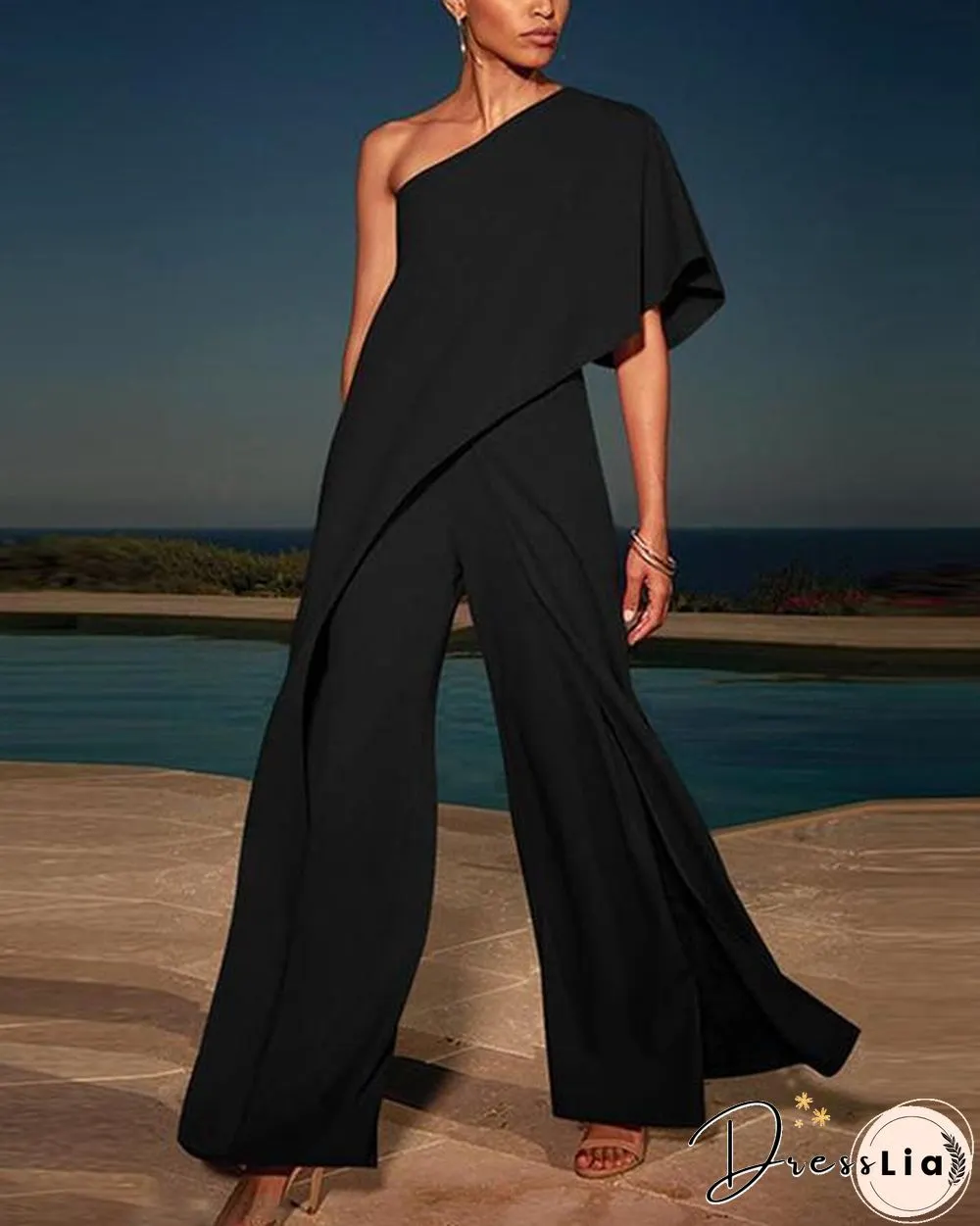 One Shoulder Solid High Waist Wide Leg Black Elegant Jumpsuit