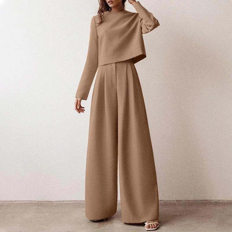 ZANZEA Women Suits 2PC Sets Autumn Long Trousers Vintage Long Sleeve Solid Blouse Casual OL Streetwear Wide Leg Pants