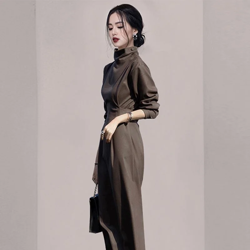Long-Sleeve Turtleneck Midi Dress YP73