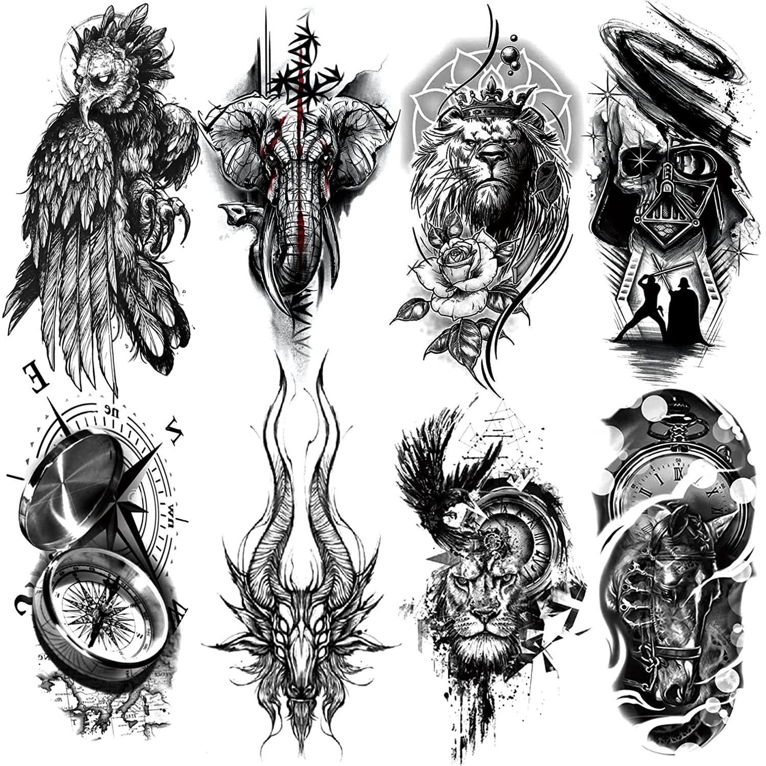 8 Sheets Waterproof Arm Leg Fake Temporary Tattoo - Eagle Elephant Lion ...