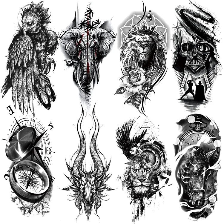 8 Sheets Waterproof Arm Leg Fake Temporary Tattoo - Eagle Elephant Lion Skull Compass Goat Horse