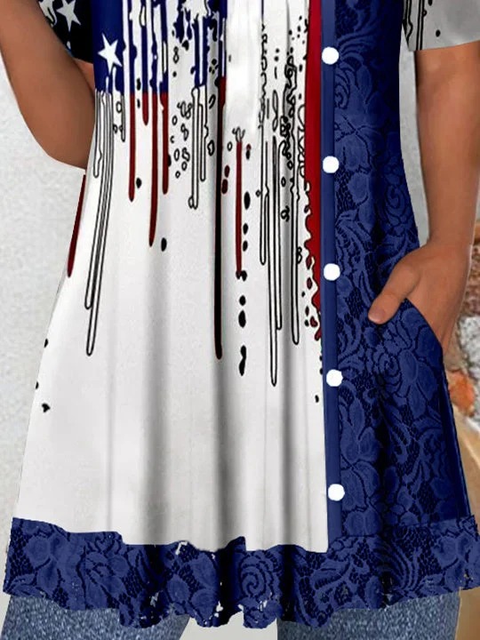 Women's Short Sleeve Scoop Neck Graphic Lace Star Printed Tops