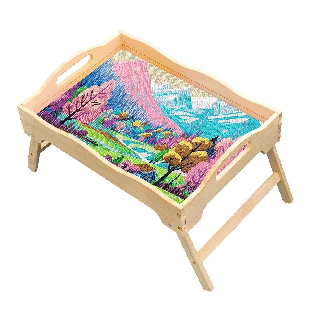 DIY Landscape Wooden Diamond Painting Dinning Table Tray with Handle for Serving Food