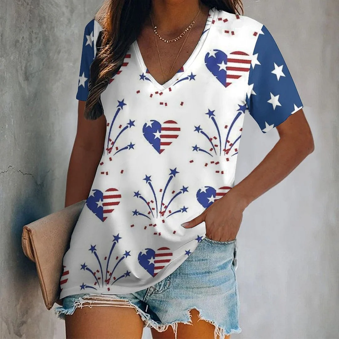 V-neck Short Sleeve Casual T-shirt for  Women Printed with Pattern USA, Independence Day, Star, Striped, Blue, Red