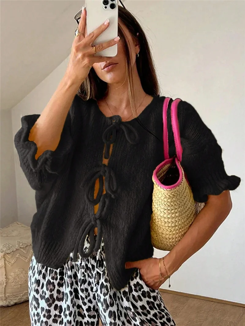 Athvotar Athvotar New Round Tie Nine-Sleeve Rope With Knitted Sweater Lazy Wind Coat