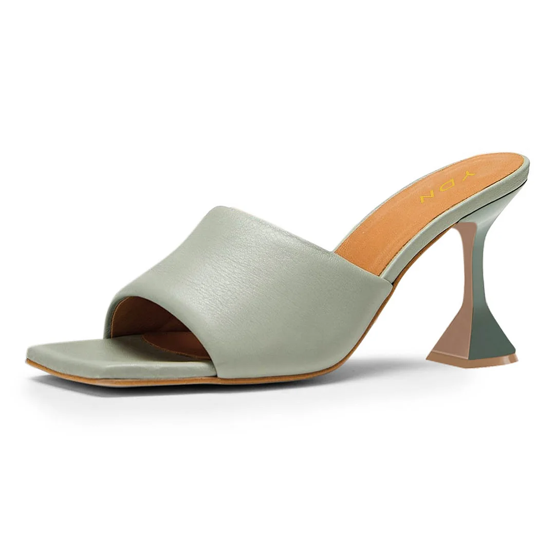 Gray Vegan Leather Wide Band Square Toe Flared Heel Enchanting Mules