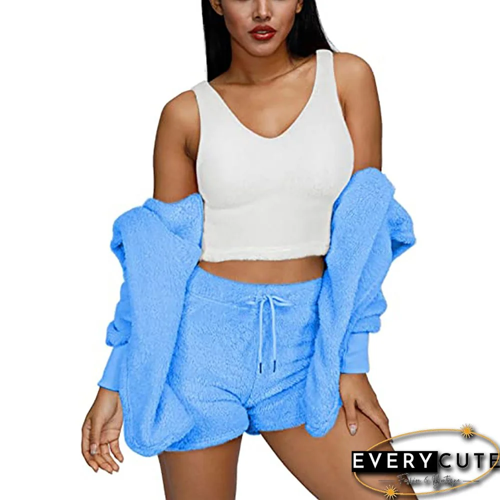 Light Blue Plush Hoodie with Shorts and White Vest 3pcs Set