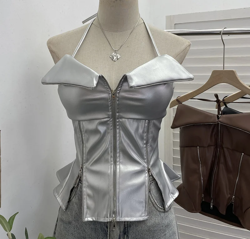 Nigikala Nigikala Shoot Hottie Hanging Neck Zipper Open Fork Sling Vest Pu Skin Bra Repair Short Sleeveless Top 8112