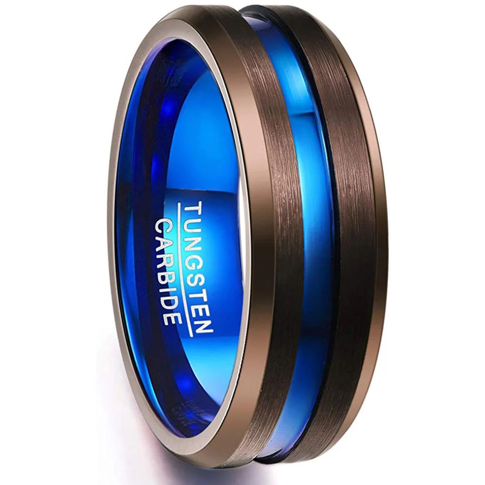 4MM 6MM 8MM 10MM Mens Women Brown Brushed Tungsten Carbide Ring Matching with Blue Plated Groove Men Womens Couple Wedding Rings