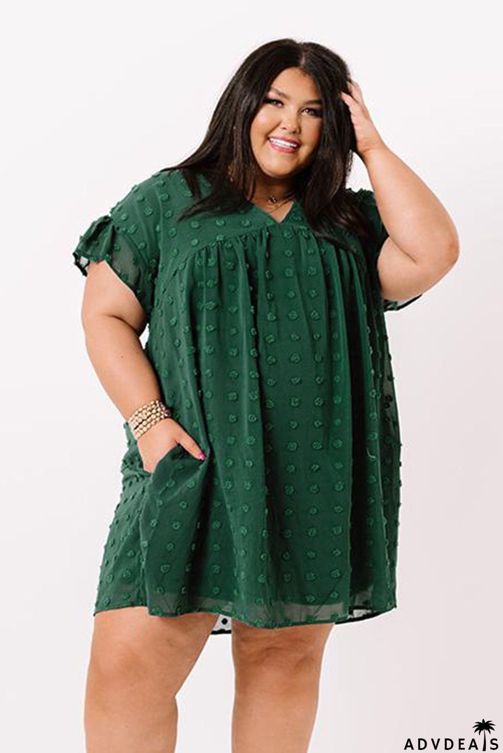 Plus Size V Neck Ruffle Swiss Dot Mini Dress with Pocket