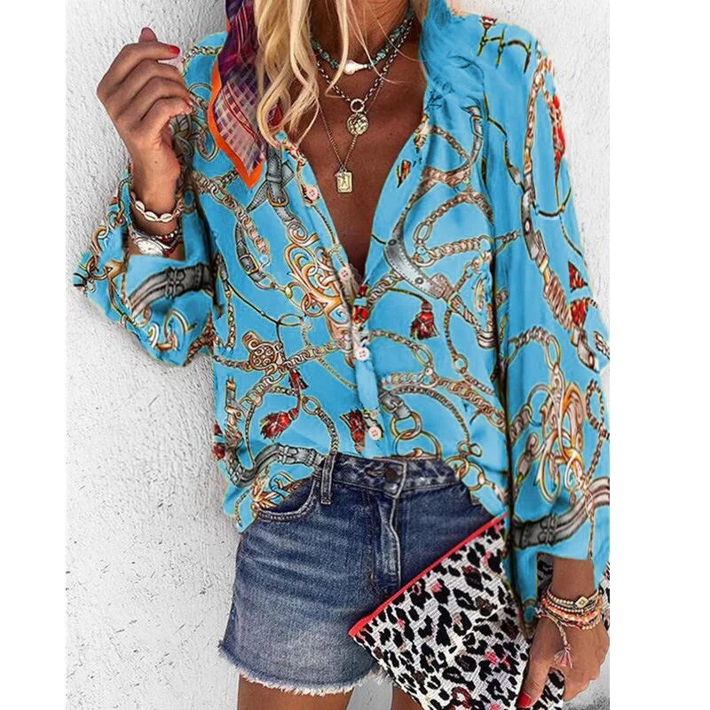 Women Blouse V-neck Long Sleeve New Design Plus Size Chains Print Loose casual Shirts Womens 2020 Tops And Blouses blusas largas