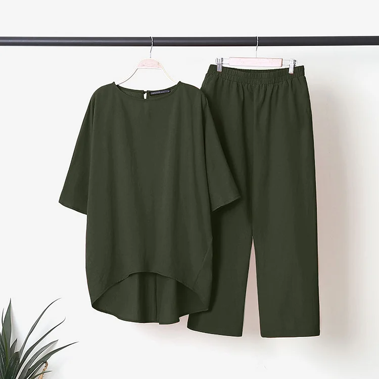 VChics Loose Casual Solid Color Cotton Linen Two Piece Set