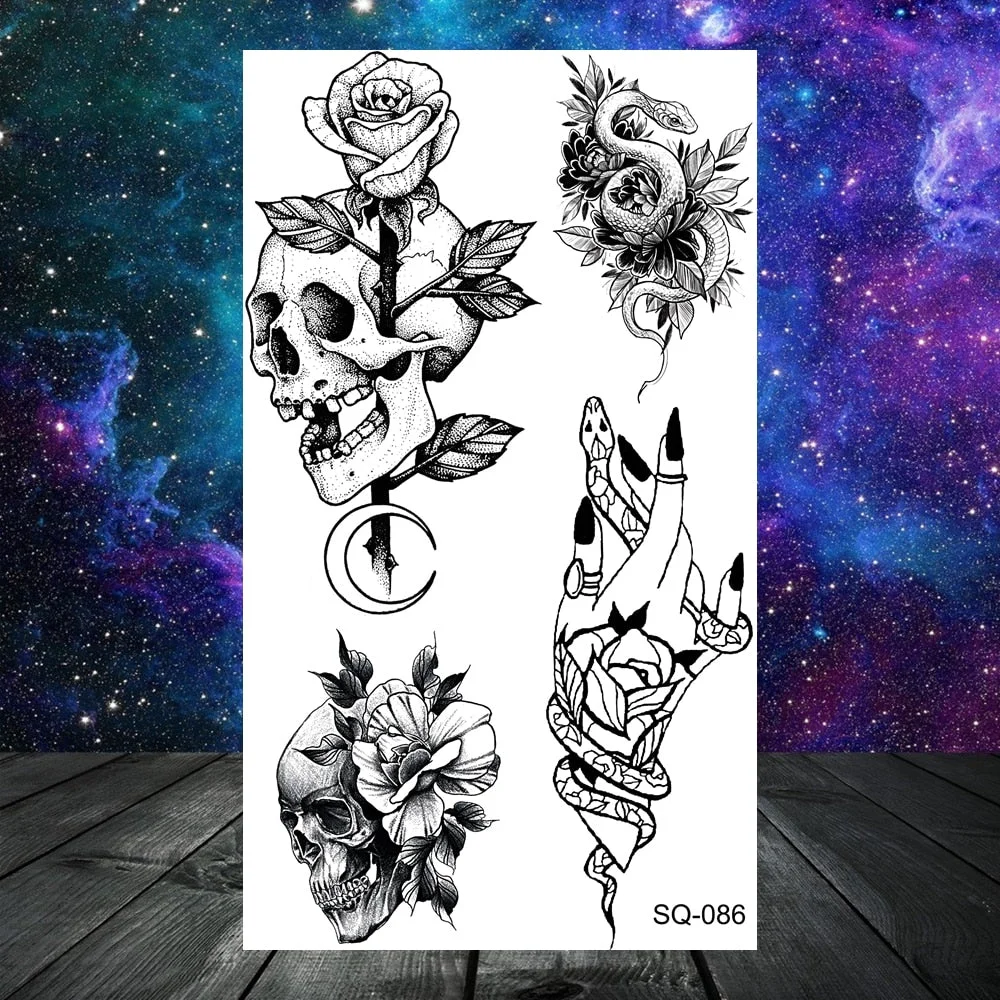 3D Realistic Rose Flower Skull Temporary Tattoos For Women Adult Men Cross Crown Lotus Fake Tattoo Washable Body Art Hand Tatoos