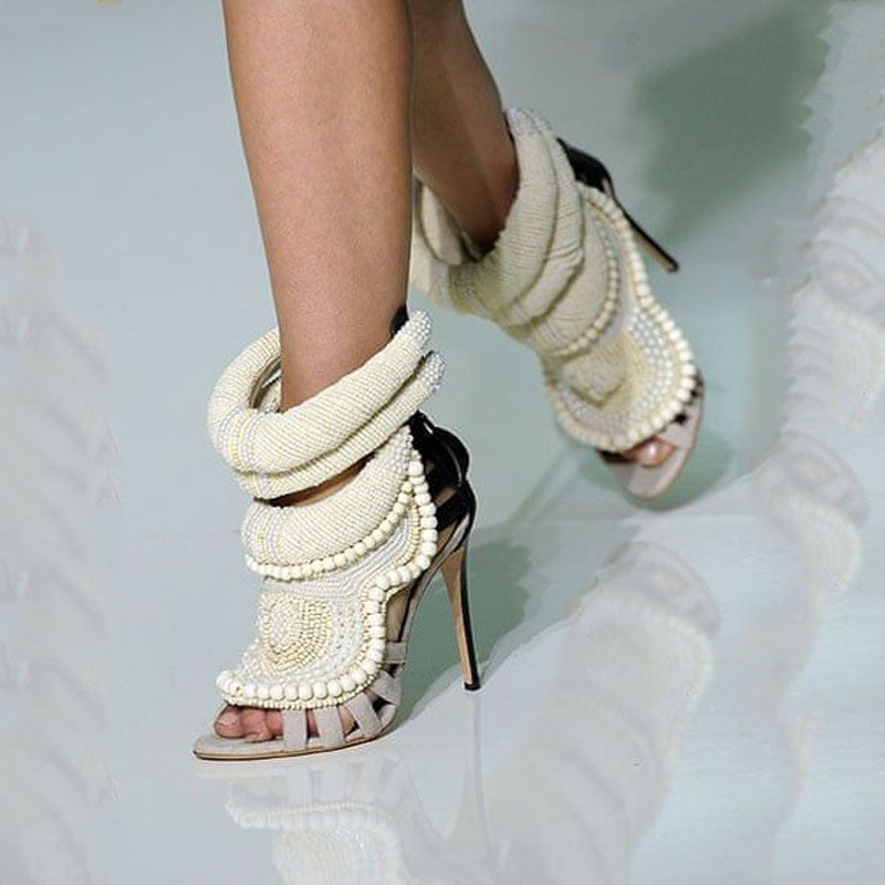 TAAFO Apricot Woolen Pearl Cutout Open Toe High Heel Sandals