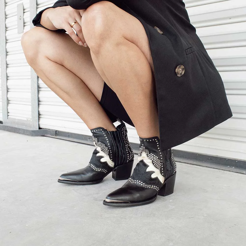 Black Vegan Leather Pointed Toe Chunky Heel Stud Cowgirl Ankle Boots