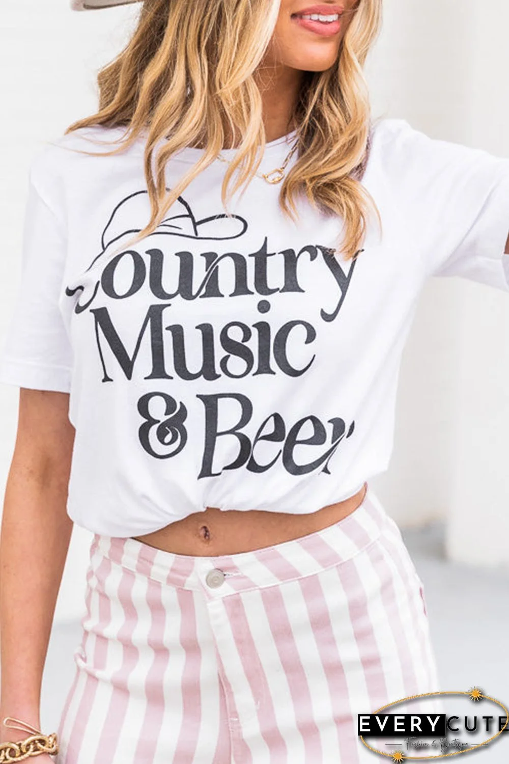 White Country Music & Beer Graphic Print Short Sleeve T Shirt