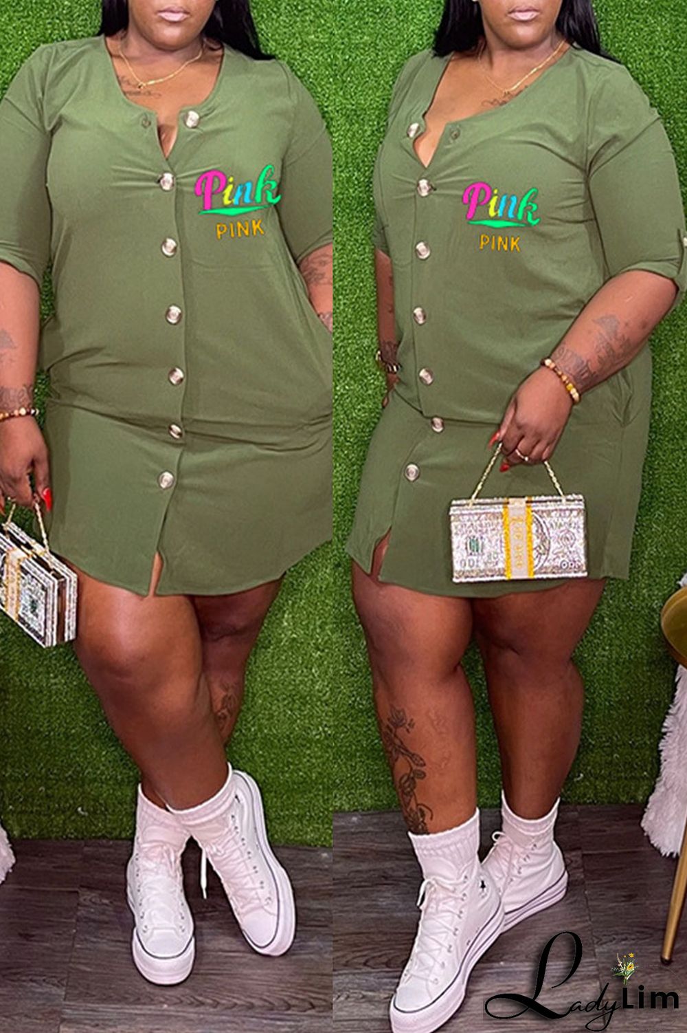 Green Casual Print Patchwork Buckle O Neck Straight Plus Size Dresses