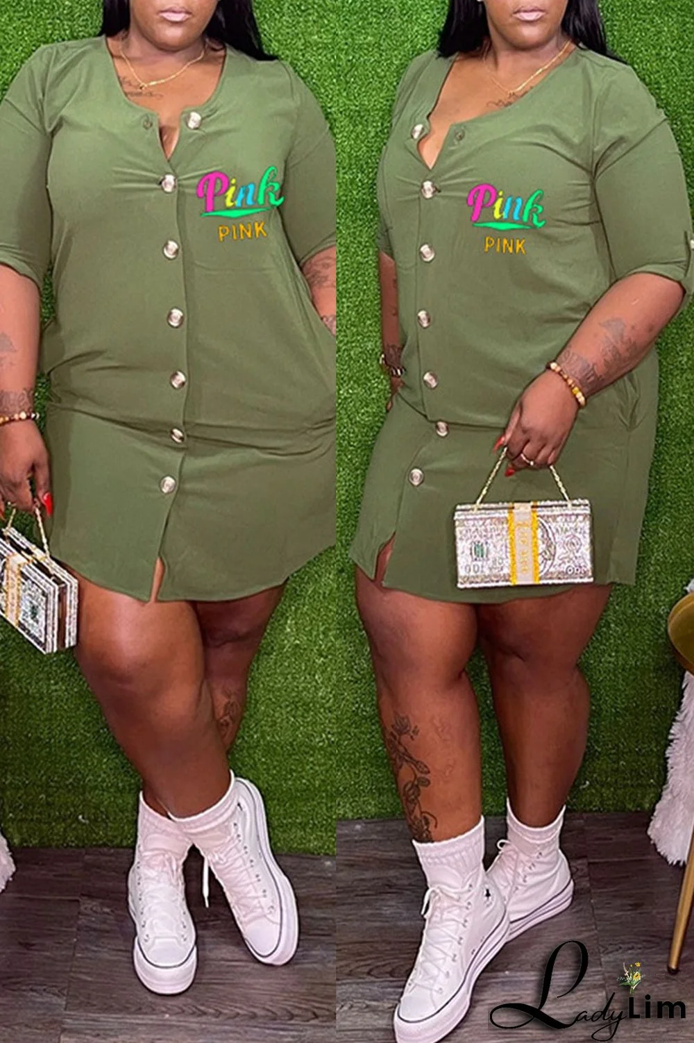 Green Casual Print Patchwork Buckle O Neck Straight Plus Size Dresses