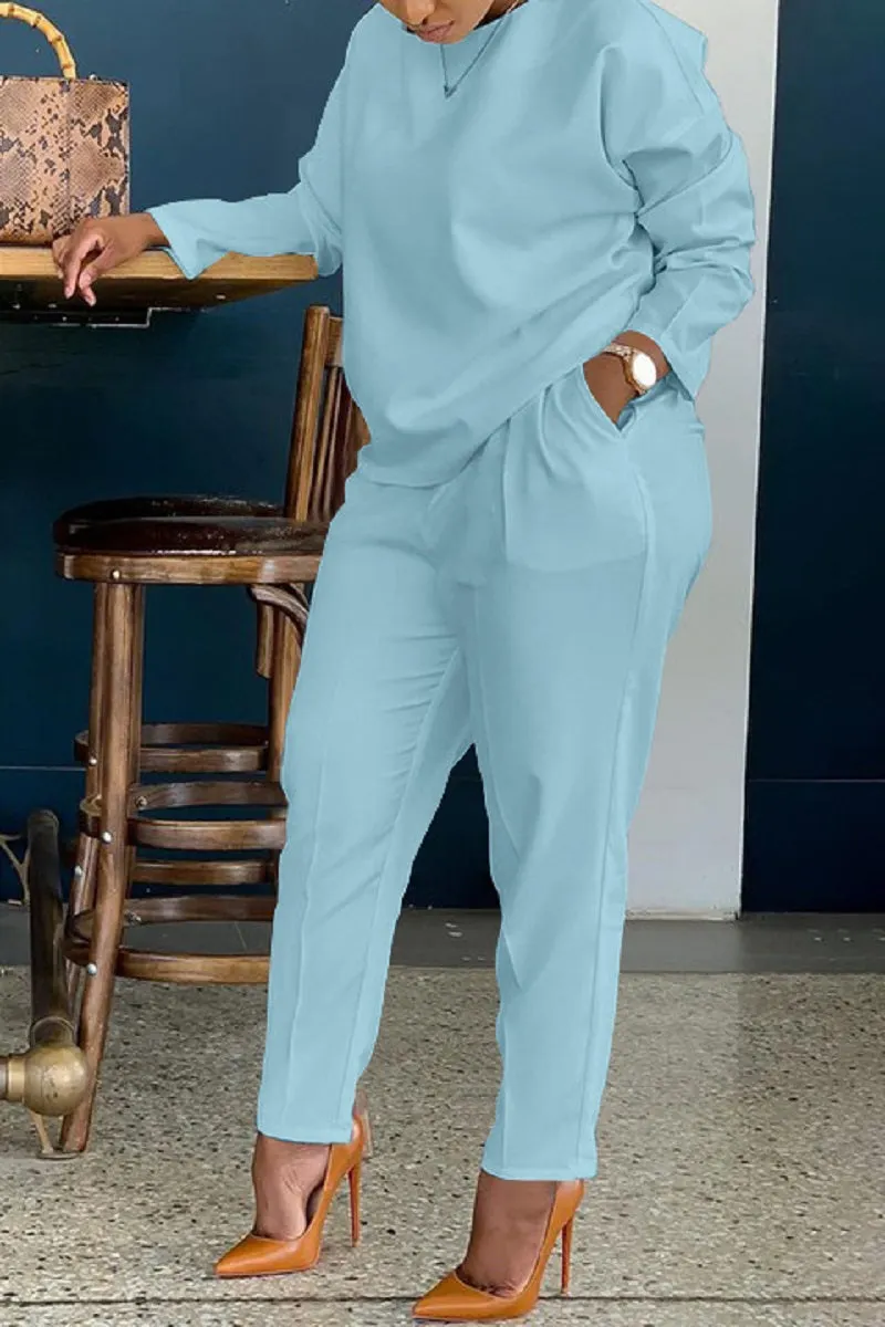 Elegant Solid Pocket O Neck Long Sleeve Two Pieces(3 Colors) main image 0