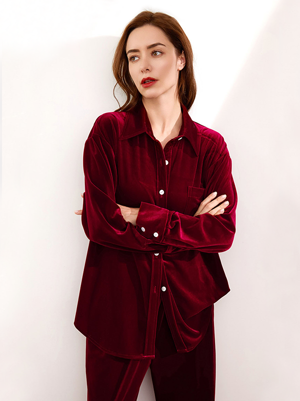  Long Sleeve Velvet Silk Pajamas Red Silk Pajamas