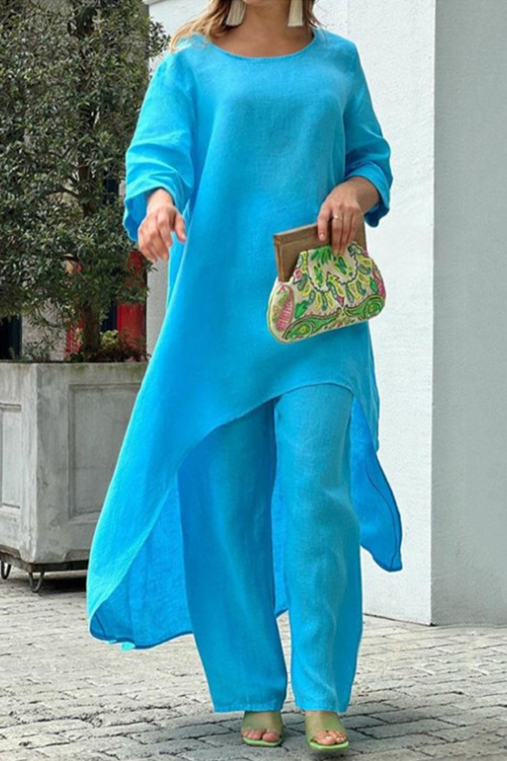 Plus Size Casual Blue Cotton And Linen Long Sleeve High Low Hem Two Piece Pant Suit 2024 - Flycurvy 