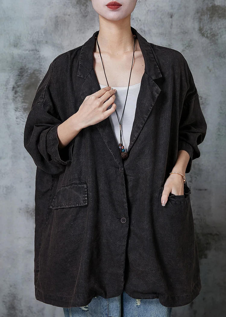 Vintage Black Oversized Pockets Linen Jackets Spring