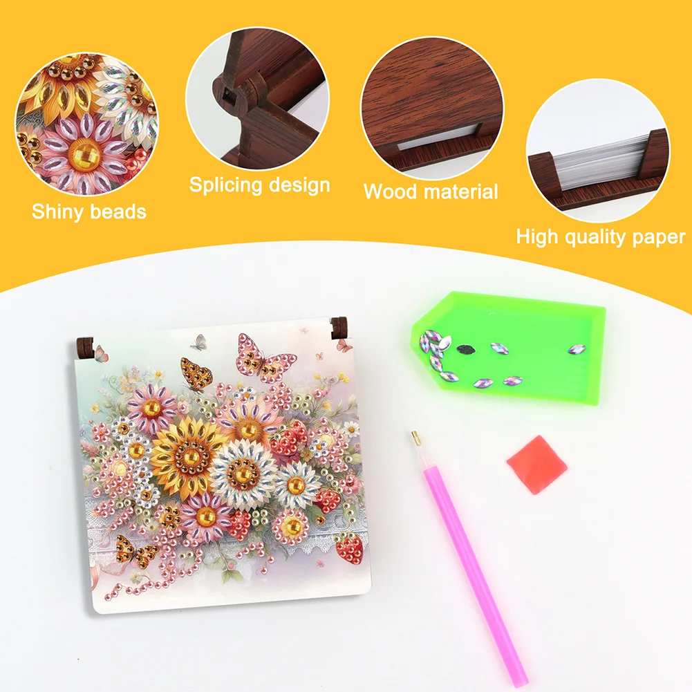 1pc Flower Pattern DIY Diamond Painting Note Box with 160 Sheets Desktop Decor