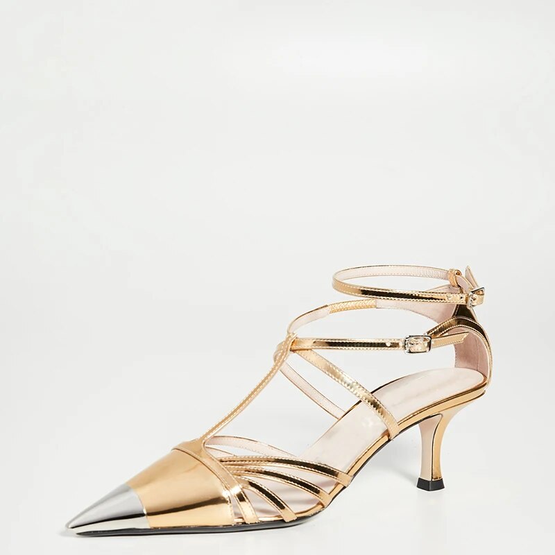 TAAFO Gold Pumps High Thin Heels Metal Patent Leather Women Pointed Toe Ladies T Strap Buckle Shoes