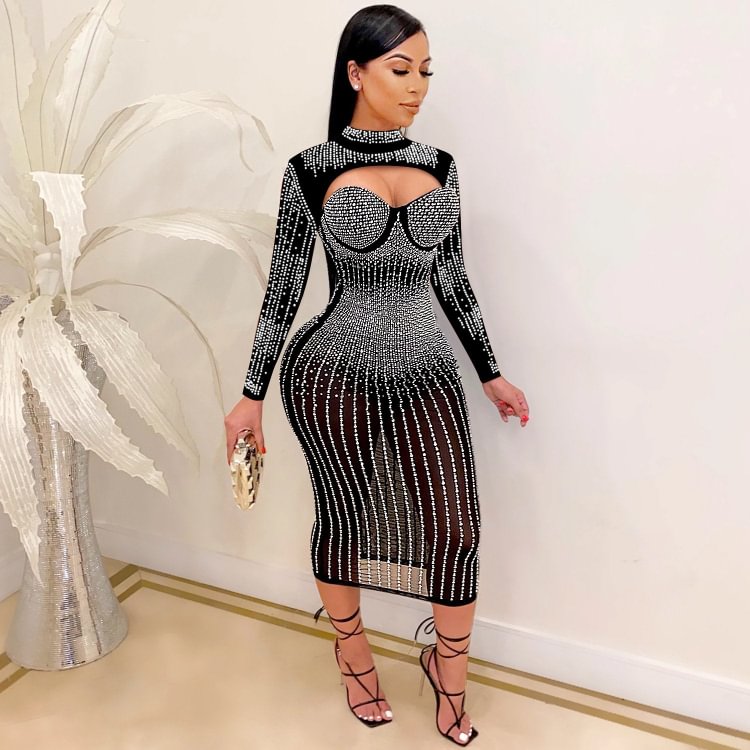 Promsstyle Mock neck sexy hollow shimmering rhinestone sheer mesh bodycon midi dress Prom Dress 2023