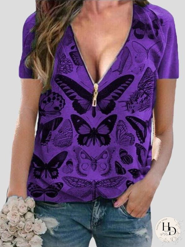 Butterfly Print Zipper V-neck Pullover Top