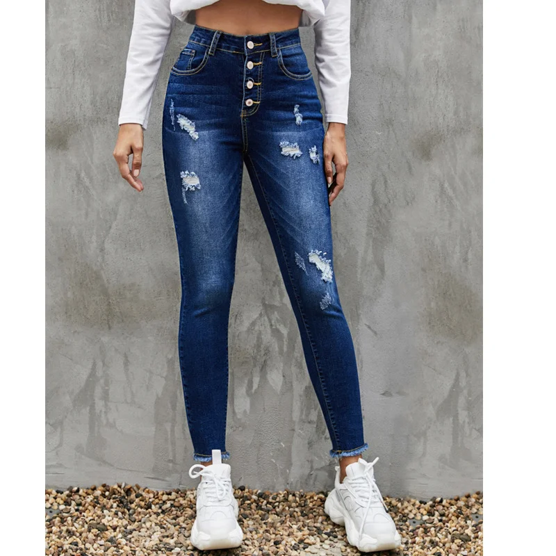 Women's High Elastic Skinny Multi Button Denim Jeans