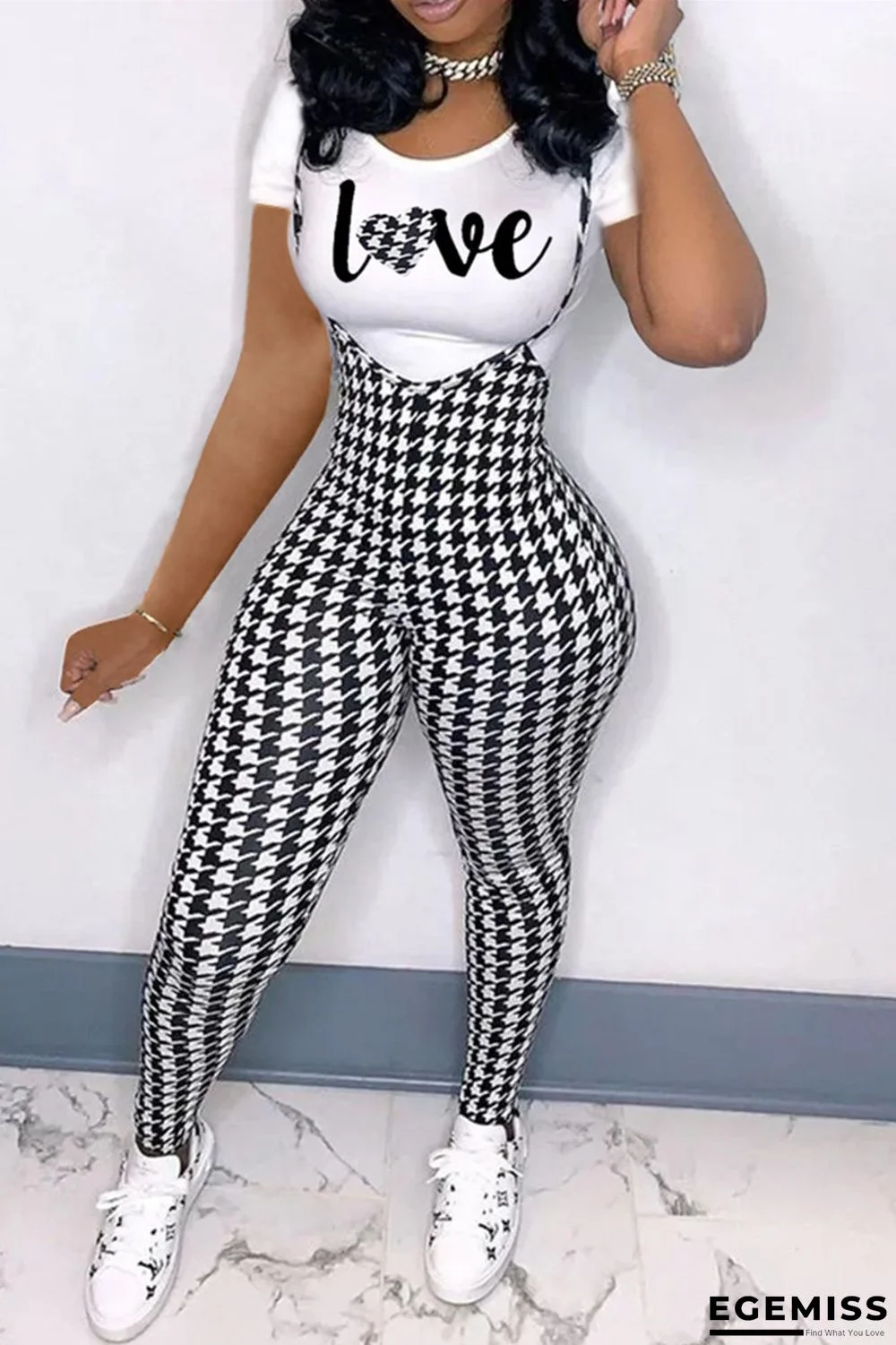 Black White Fashion Casual Letter Plaid Print Basic O Neck Short Sleeve Two Pieces | EGEMISS