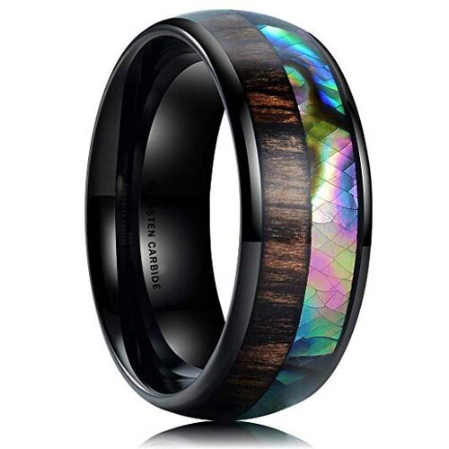 Women's Or Men's Tungsten Carbide Wedding Band Matching Rings,Black Tone Rainbow Shell Ring with Zebra Wood - Multi Color Ring Organic colors With Mens And Womens For Width 4MM 6MM 8MM 10MM