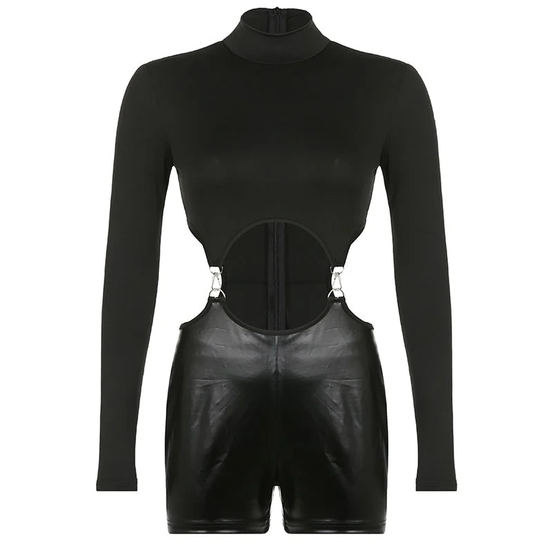 BIIKPIIK Sexy Hollow Out Women Turtleneck Bodycon Playsuits PU Leather Patchwork Long Sleeve Overalls Female One-piece Outfits