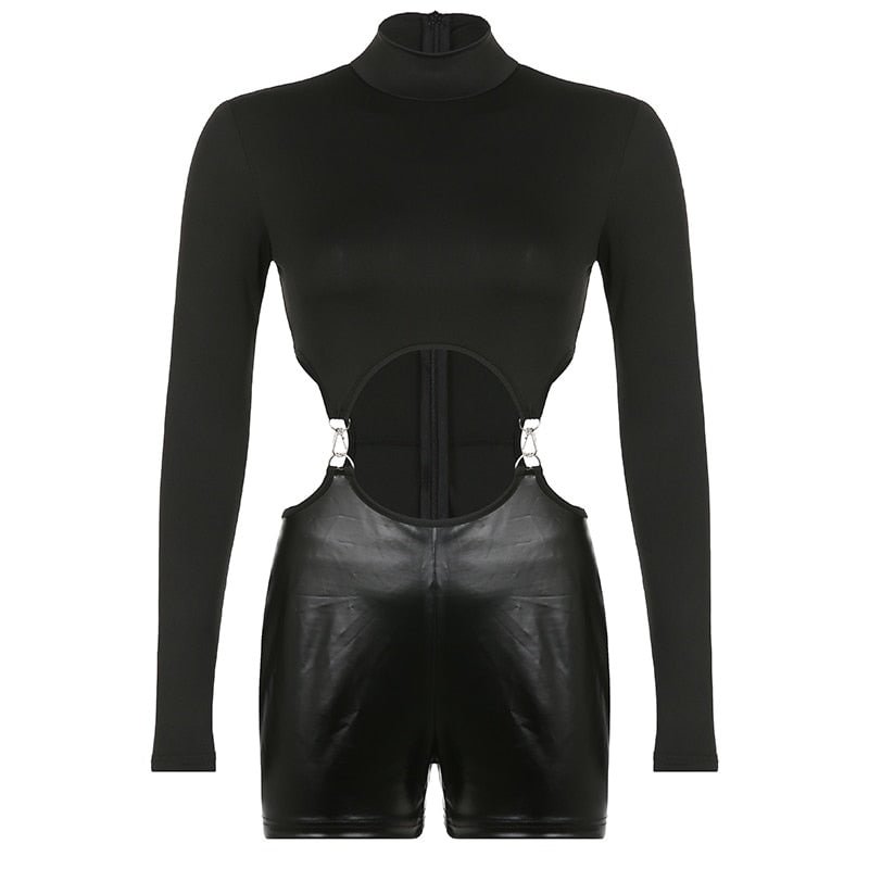 BIIKPIIK Sexy Hollow Out Women Turtleneck Bodycon Playsuits PU Leather Patchwork Long Sleeve Overalls Female One-piece Outfits