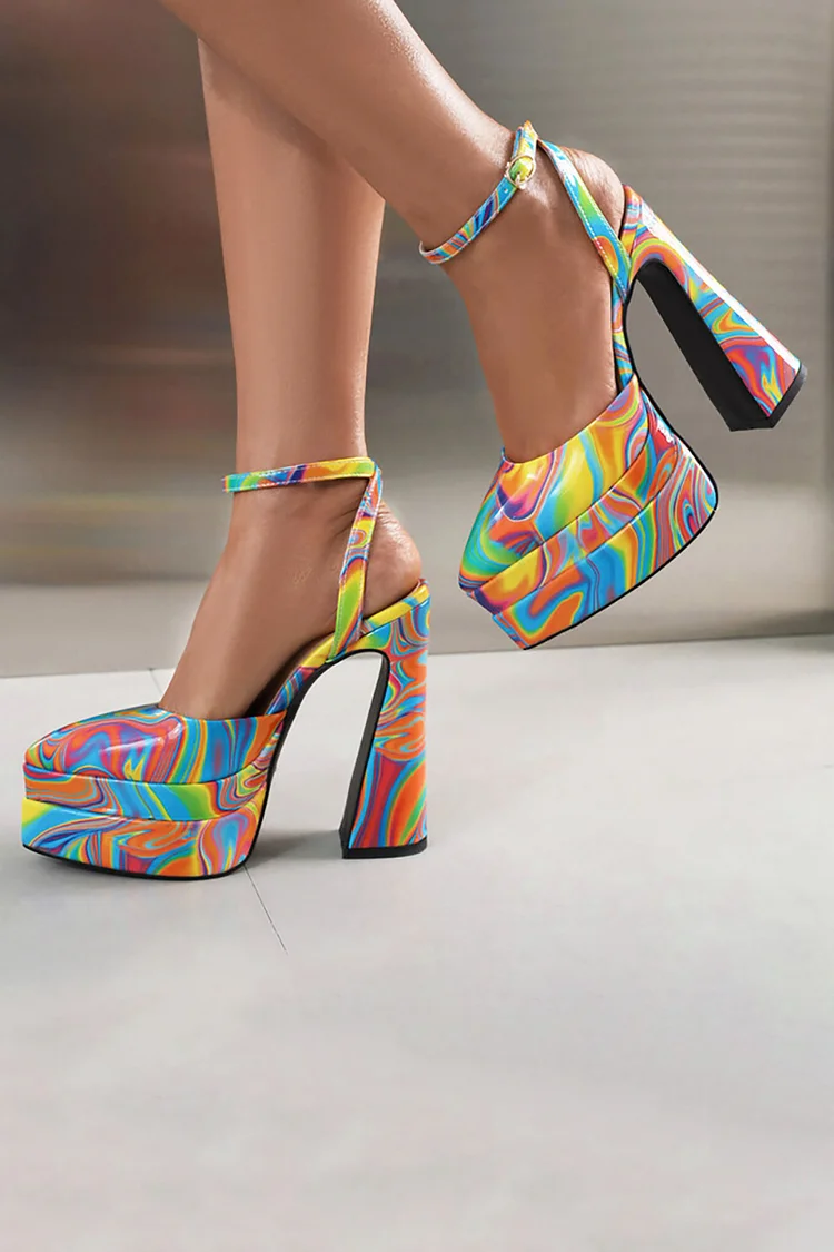 Ankle Strap Platform Pointy Toe Chunky High Heels Pumps