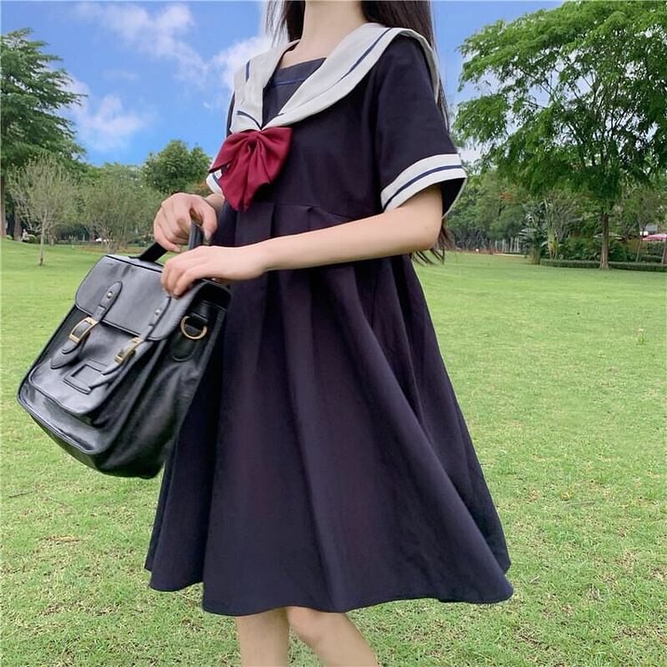 College Style Sailor Collar Bow Dress - Gotamochi Kawaii Shop, Kawaii Clothes