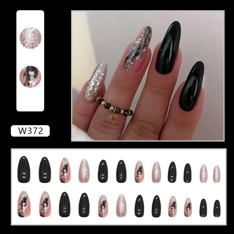 Churchf Churchf Pure Color Galaxy Nail Sweet Cool Hot Girl Ins Wind Almond Nail Black Fake Round Nail Nail