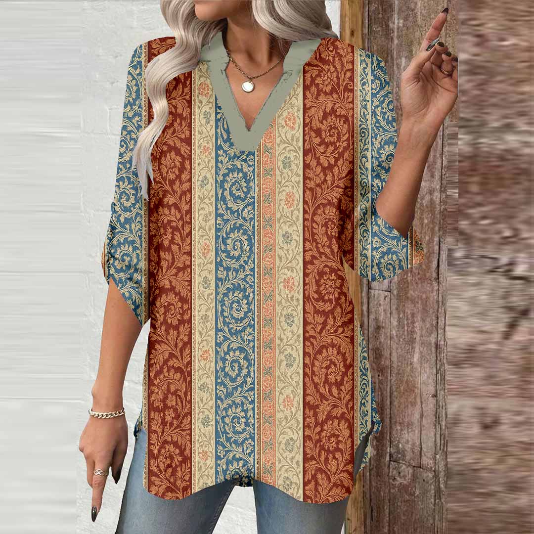Women Floral, Brown, Blue DZGA0355 3/4 Sleeve V-neck Printed Graphic Button Tops