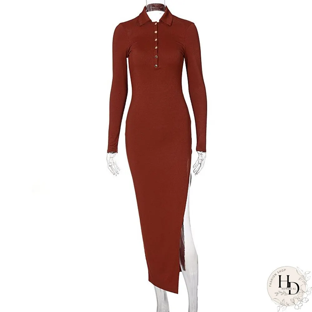 Womens New Autumn Fashion Buckle Lapel Backless Vintage Dress Long Sleeve Slit Woman