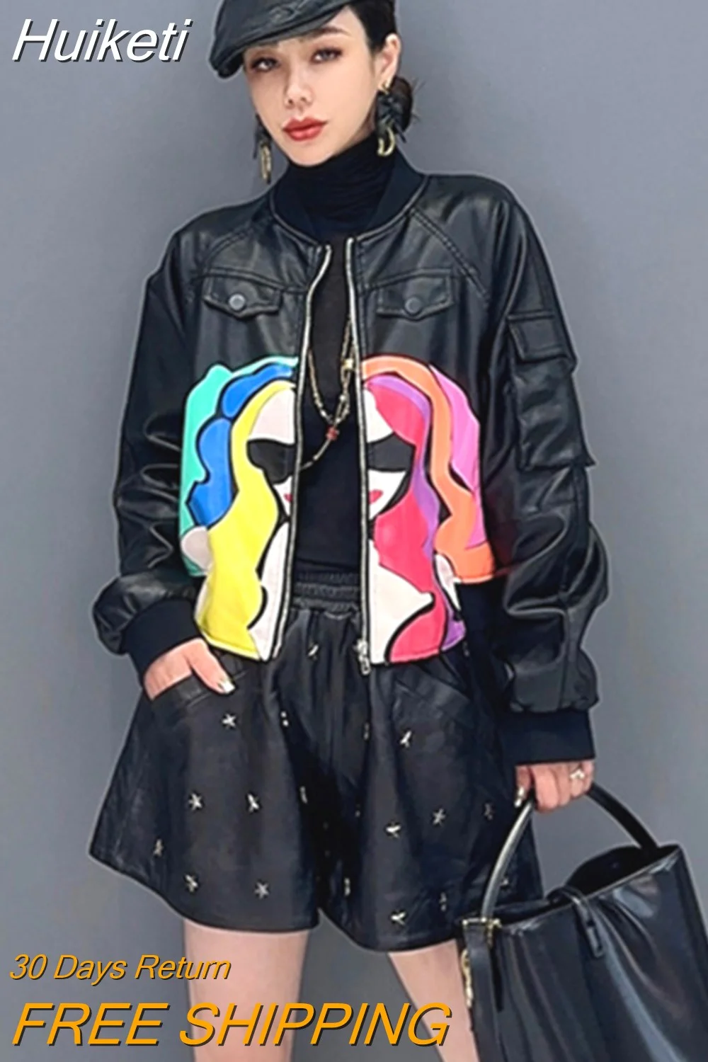 Huiketi Fashion Women's Leather Jacket Autumn 2023 New Printed Zipper Full Sleeve Patchwork Temperament Versatile Coat 5R5835