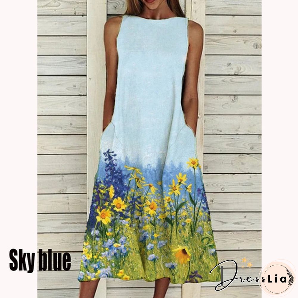 XS-5XL Plus Size Fashion Women Summer Casual Tops Elegant Sleeveless Print A-Line Dress Round Neck Casual Party Dresses Girls Sweet Dress