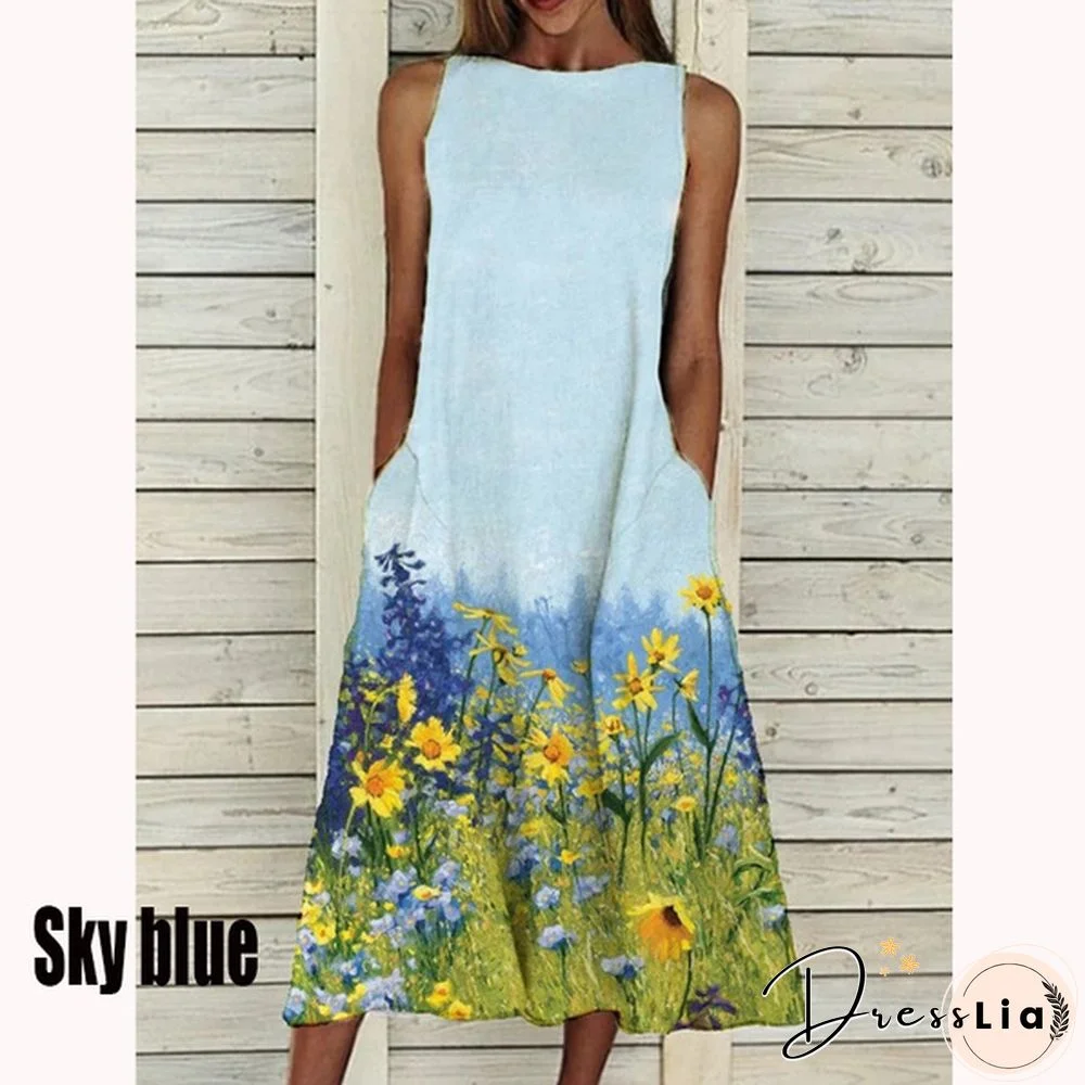 XS-5XL Plus Size Fashion Women Summer Casual Tops Elegant Sleeveless Print A-Line Dress Round Neck Casual Party Dresses Girls Sweet Dress