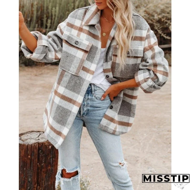 Women's Long Sleeve Loose Plaid Shirt Woolen Coats