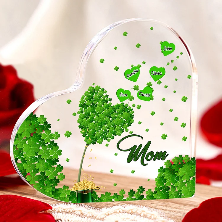 5 Names - Personalized Acrylic Heart Keepsake Custom Text Four-Leaf Clover Ornament Gift for Mother/Grandma
