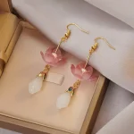 Vintage Alloy Pearl Rose Earrings - Image 3