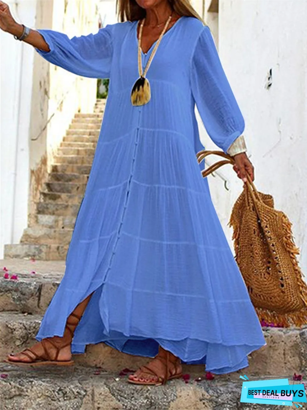 Bohemian Solid Color V-Neck Loose Long Sleeve Cotton and Linen White Dresses