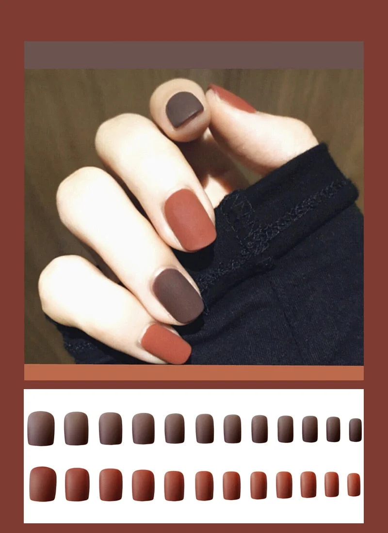24pcs Dark Coffee Fake Nails Orange And Yellow Two-tone Matte Polish False Nail Patch Round Ballet Nail Tips Glue Wear Manicure-Nail Inspo