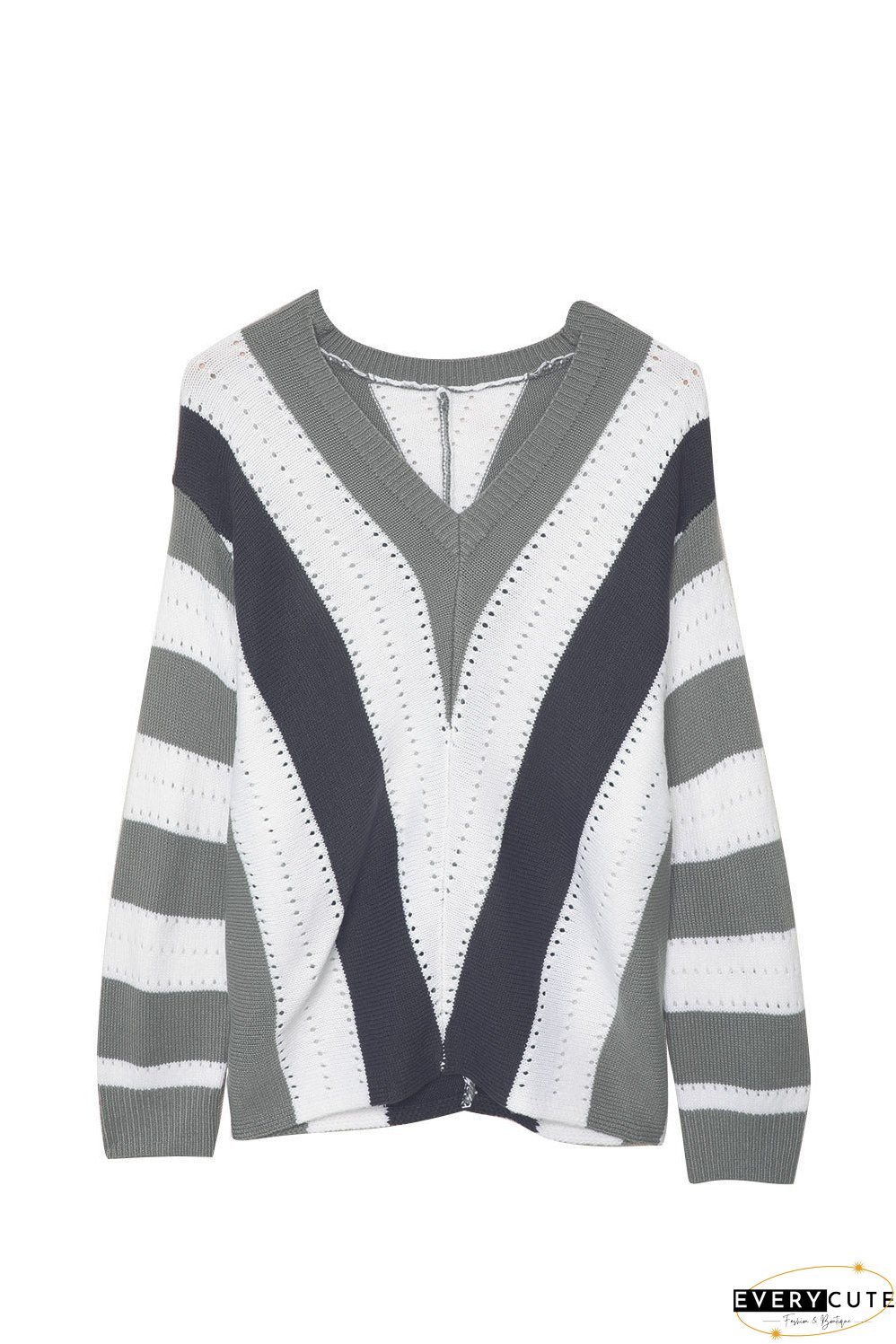 V-Neck Long Sleeve T-Shirt with Color Blocking