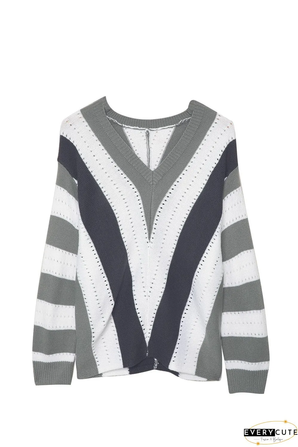 V-Neck Long Sleeve T-Shirt with Color Blocking